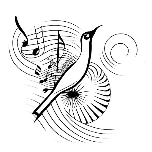A minimalist tattoo of a singing bird perched on a musical note tattoo design idea