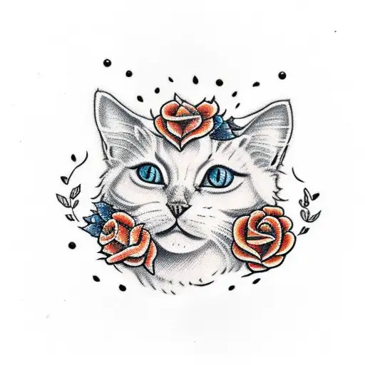orange fluffy cat with roses around its head tattoo design idea