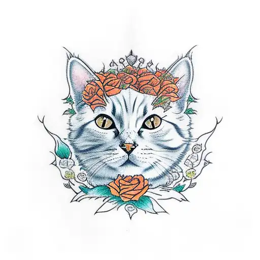 orange fluffy cat with roses around its head tattoo design idea