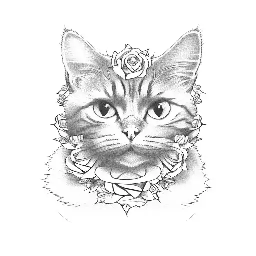 orange fluffy cat with roses around its head tattoo design idea
