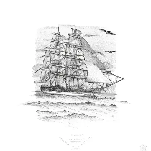 A detailed sketch of a sailing ship, with the sun setting behind it and seagulls flying around tattoo design idea