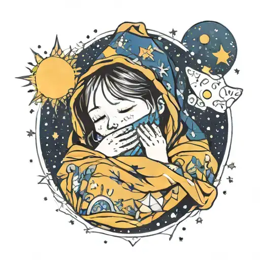 a child with teary eyes, covering their face with a blanket, above their head is a Starry night sky in the window tattoo design idea
