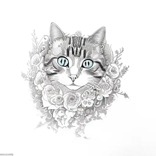 A stack of books adorned with intricate floral patterns and a cat curled up on top tattoo design idea