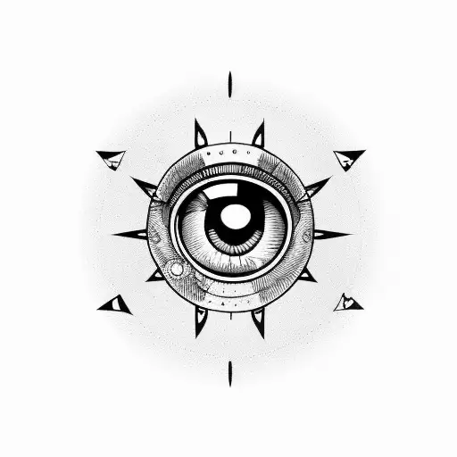 An eye with swords coming out in a circular pattern and the year 2001 tattoo design idea