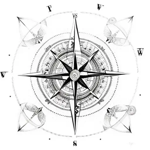 A compass with intricate dotwork detailing, surrounded by birds in flight, symbolizing the journey towards mental well-being and finding one's true north tattoo design idea