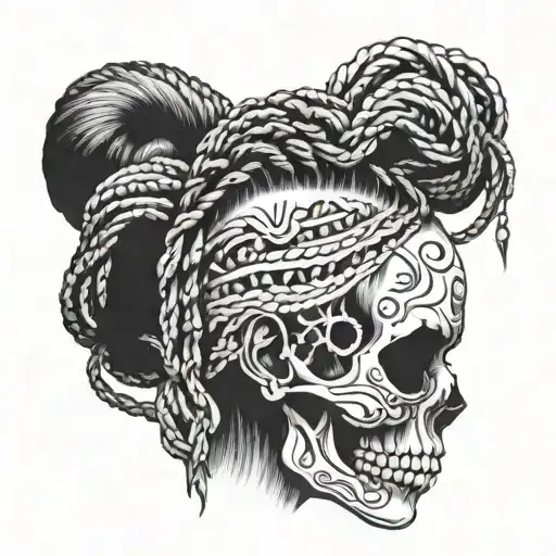 woman skull with shaved side and african braids tattoo design idea