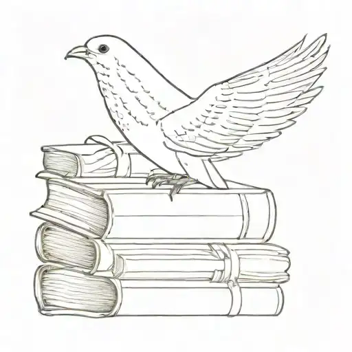 create a fine line tattoo of a dove peacefully resting on small stack of books make it minimalistic tattoo design idea