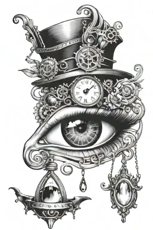 steampunk pocketwatch woman's eye with a tear drops watering tattoo design idea