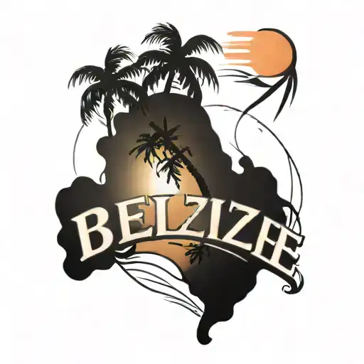 the words "Belize Made" with a sunset and coconut trees tattoo design idea