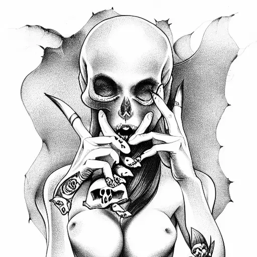 detailed awesome sexy succubus holding a skull and an apple in her hand tattoo design idea