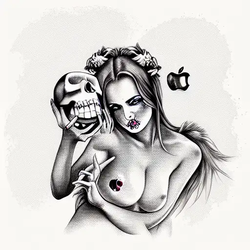 detailed sexy succubus holding a skull and an apple in her hand tattoo design idea