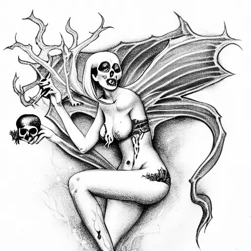 intimidating sexy succubus holding a skull and an apple in her hand tattoo design idea
