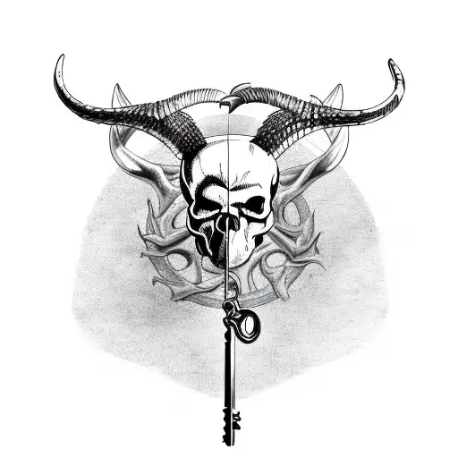 A skull with twisted horns and a crow holding a key in its beak tattoo design idea