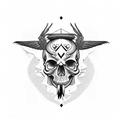 A skull with intricate horn designs and a crow perched on top tattoo design idea