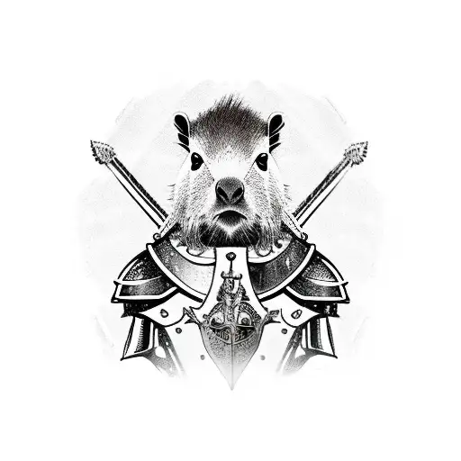 capybara in knight armor with skullbasher tattoo design idea