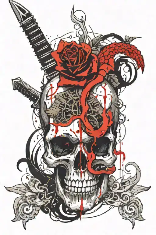 A skull on the back of the palm from which a sword goes upwards along the arm. Cobra snake around the sword tattoo design idea