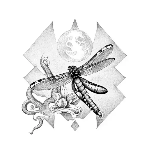 two dragonflies infrount of full moon tattoo design idea