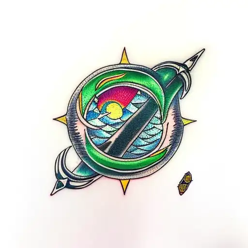 Green Crescent Moon With Swords Crossing  tattoo design idea