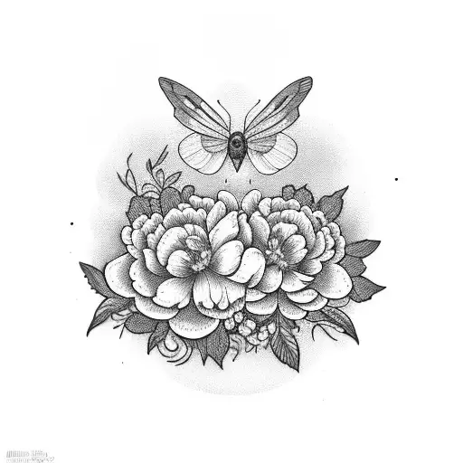 blackberries with peonies with moth  tattoo design idea
