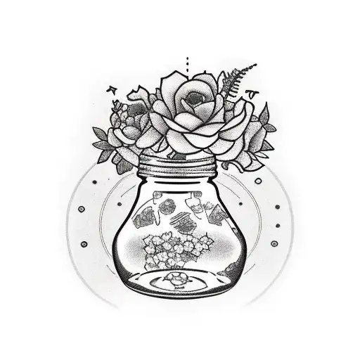 a jar full of pickles with a line of flowers below it tattoo design idea