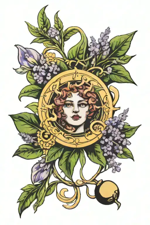 art Nouveau jupiter mercury sun with rosemary, lavender and thyme tattoo design idea