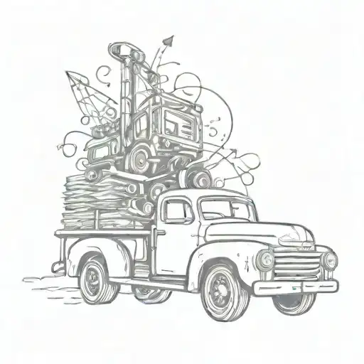 A tattoo of a vintage truck driving through a music staff with notes floating around it tattoo design idea
