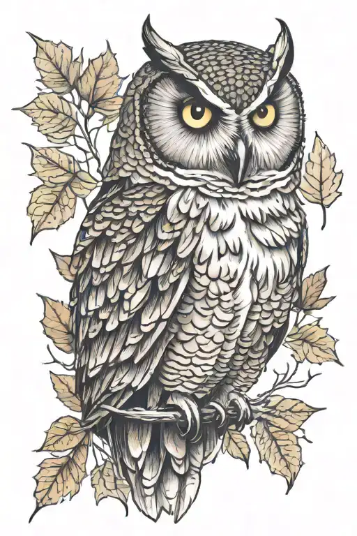 owl and fall colored leaves tattoo design idea