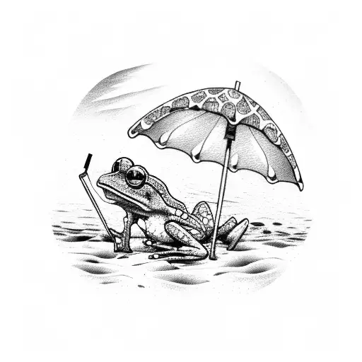 small frog drinking a Diet Coke on a beach chair under a beach umbrella on a beach  tattoo design idea