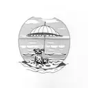 small frog drinking a Diet Coke on a beach chair under a beach umbrella on a beach  tattoo design idea