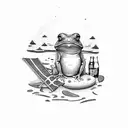 small frog drinking a Diet Coke on a beach chair under a beach umbrella on a beach  tattoo design idea