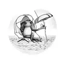 small frog drinking a Diet Coke on a beach chair under a beach umbrella on a beach  tattoo design idea