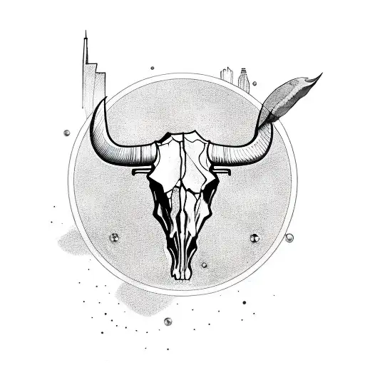 bull skull with dogwood petals and a fountain in the background with the NYC skyline tattoo design idea