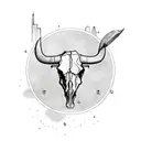 bull skull with dogwood petals and a fountain in the background with the NYC skyline tattoo design idea