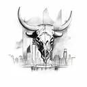 bull skull with dogwood petals and a fountain in the background with the NYC skyline tattoo design idea