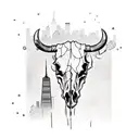 bull skull with dogwood petals and a fountain in the background with the NYC skyline tattoo design idea