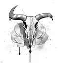 bull skull with dogwood petals and a fountain in the background with the NYC skyline tattoo design idea