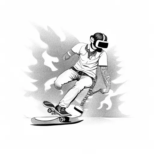 Create a tattoo of a pro gamer riding a skateboard through a virtual reality world tattoo design idea