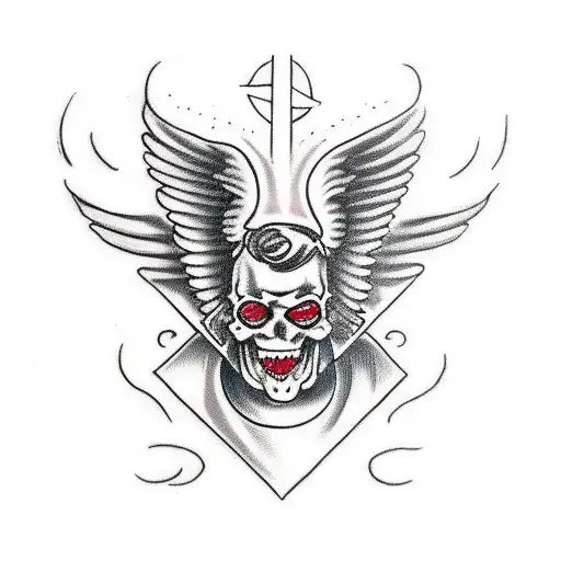 a full front of a person where one Half is an angel with an angel wing and the other side is a devil with a devil wing tattoo design idea