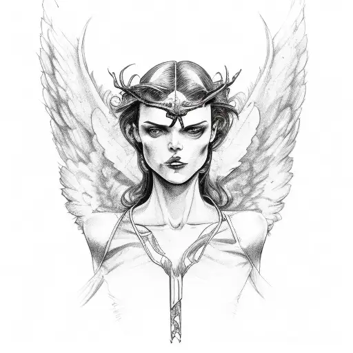 a full front of a person where one Half is an angel with an angel wing and the other side is a devil with a devil wing tattoo design idea