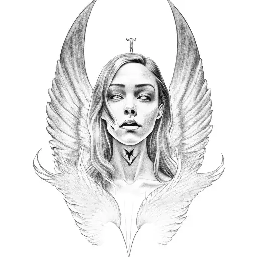 a full front of a person where one Half is an angel with an angel wing and the other side is a devil with a devil wing tattoo design idea