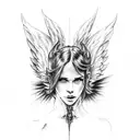 a full front of a person where one Half is an angel with an angel wing and the other side is a devil with a devil wing tattoo design idea