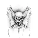a full front of a person where one Half is an angel with an angel wing and the other side is a devil with a devil wing tattoo design idea