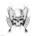 a full front of a person where one Half is an angel with an angel wing and the other side is a devil with a devil wing tattoo design idea