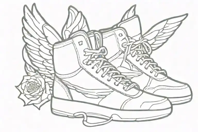 running shoe outline angelic wings rose intertwined tattoo design idea