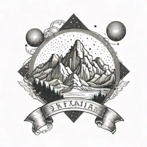 A tattoo design of a mountain range with Aquarius and Sagittarius constellations in the night sky, showcasing the client's love for hiking and astrology tattoo design idea