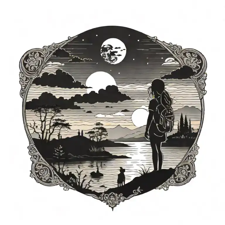 A black-grey tattoo of a small girl traveler' silhouette gazing at a sunset over a horizon (add animals if you want) tattoo design idea