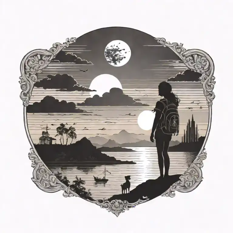 A black-grey tattoo of a small girl traveler' silhouette gazing at a sunset over a horizon (add animals if you want) tattoo design idea