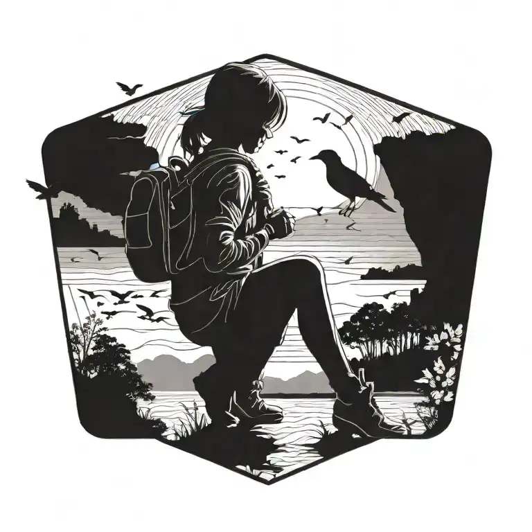 A black-grey tattoo of a female child traveler' silhouette gazing at a sunset over a horizon filled with migrating birds tattoo design idea