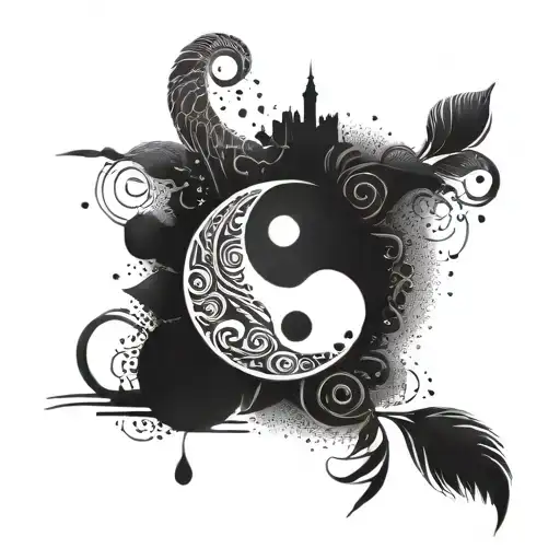 A yin and yang tattoo design inspired by the client's love for freedom and travel, incorporating tribal elements, in a dotwork style tattoo design idea