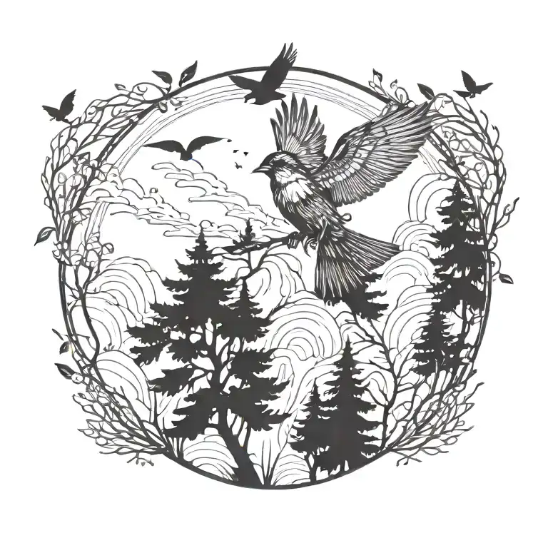one bird free and flying high up from the woods tattoo design idea